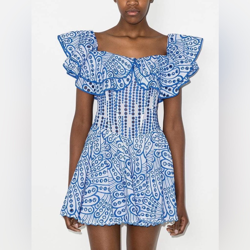 Beulah White and Blue Embroidered Dress